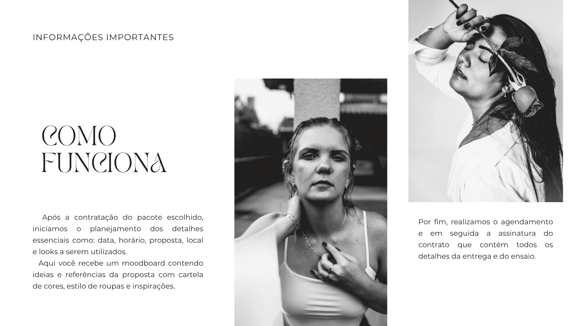 Montagem de fotos explicando como funciona o ensaio fotográfico, mostrando o planejamento e o resultado.